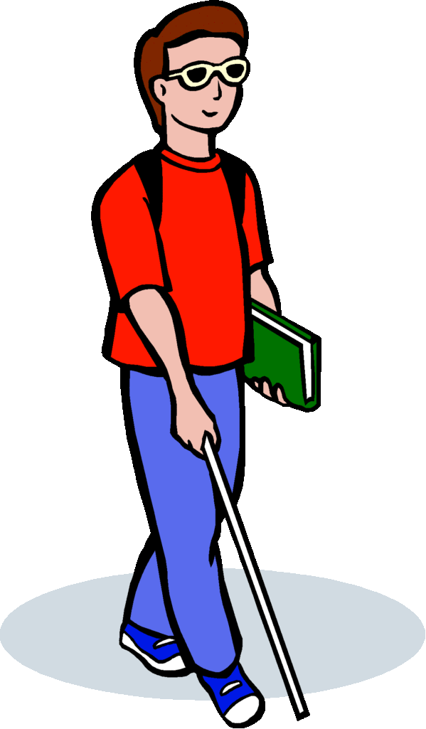 Student walking with a cane and carrying books.